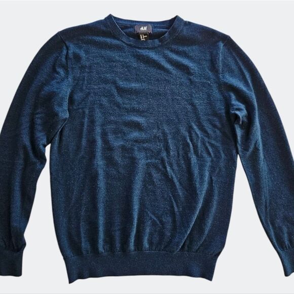 H&M Premium Crewneck Classic Knit Wool Blend Pullover Minimalist Sweater Blue M - Picture 4 of 8